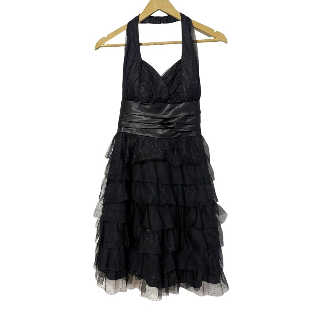 Vintage Y2K Masquerade Black Babydoll Halter Neck Ruffle Goth Glam Mini Dress